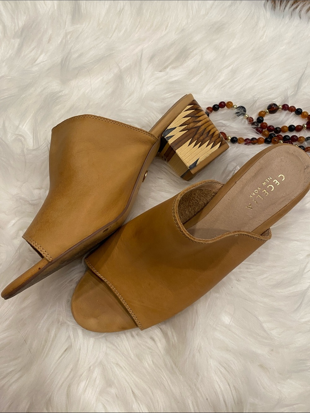 CECELIA NEW YORK Tan Leather Open-Toe Mule with Geometric Block Heel